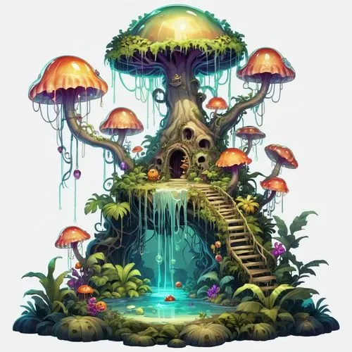 mushroom island,mushroom landscape,tree mushroom,fairy village,fairy house,fairy world,Illustration,Abstract Fantasy,Abstract Fantasy 11