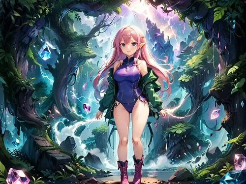 elf princess in her underwear leather boots. long hair. big breasts,  in her room. she is holding a big 10 inch long skinny tapered pink crystal  it makes her happy,an anime girl in purple swimsuit st