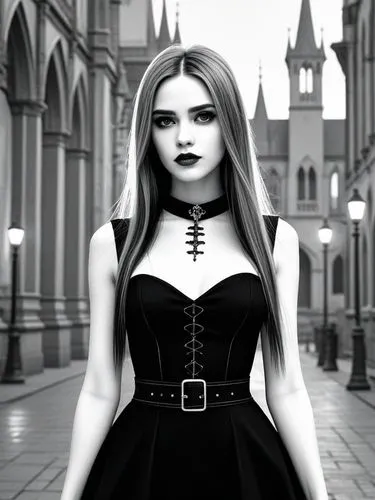 An ultra detailed, a beautiful goth girl with long straight hair in a short black dress is walking through a gothic city, moonlight, gothic fashion, dark fantasy style, hyper realistic, realism, digit