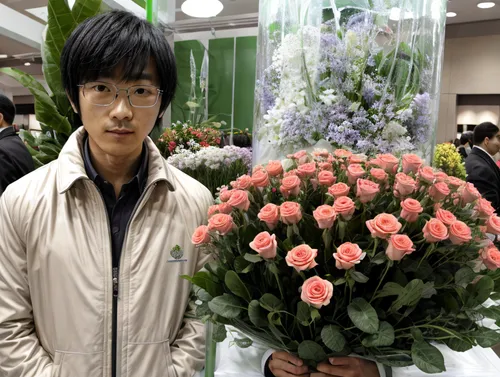 He is wearing a white jacket.
He had no beard.
There are no people behind.
Please draw the flower so that it stands out.,florist,flower arrangement lying,florist gayfeather,artificial flower,flower ar