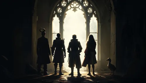 a group of people are standing in an archway with sunlight streaming through,perfume bottle silhouette,xxxholic,magistros,pathologic,schierstein,the silhouette