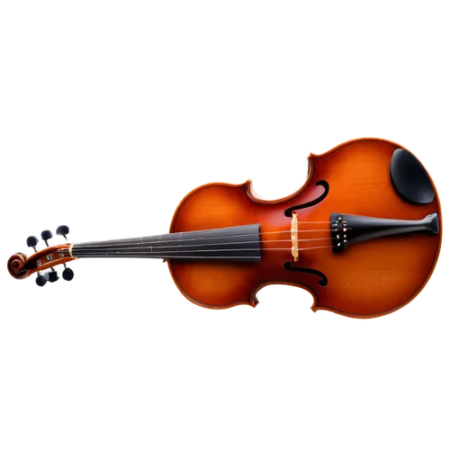 Violin, transparent background, shiny surface, brown wood grain, delicate carvings, strings tightened, tuning pegs, F-hole ornamentation, neck and scroll, glossy finish, softbox lighting, shallow dept