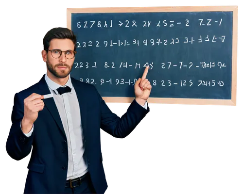 Muscular man, mathematician, solo, (30yo), short brown hair, glasses, beard, white shirt, black tie, dark blue suit, holding chalk, standing in front of a blackboard, complex math equations, 3/4 compo