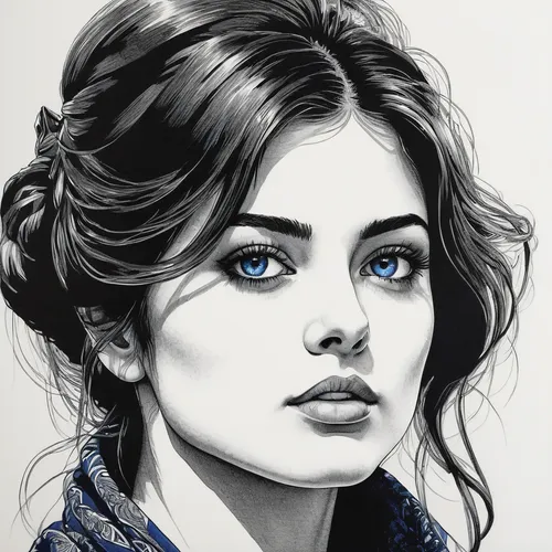 blue painting,girl portrait,blue rose,digital painting,winterblueher,blue moon rose,watercolor blue,girl drawing,fashion illustration,portrait of a girl,victorian lady,woman portrait,digital drawing,blue eyes,mazarine blue,elsa,young woman,bluejay,fantasy portrait,blue eye,Illustration,Black and White,Black and White 16