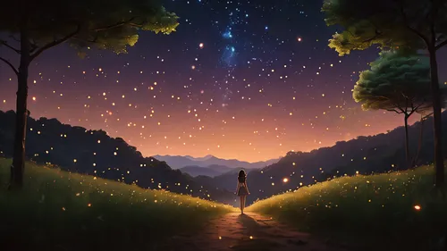 fireflies,falling stars,starry sky,star sky,fantasy picture,starlight,night stars,the night sky,falling star,the stars,hanging stars,fairy galaxy,runaway star,firefly,night sky,starscape,constellations,star scatter,world digital painting,nightsky,Photography,General,Cinematic