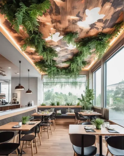 Incorporate natural elements like wood and plants in a false ceiling for a cozy caf￩.,concrete ceiling,modern decor,patterned wood decoration,roof garden,culinary herbs,contemporary decor,breakfast ro