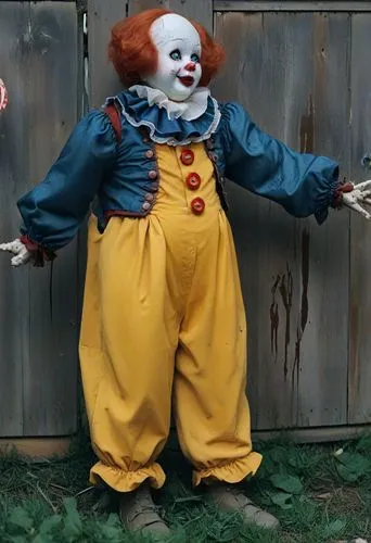 a scary clown statue standing against a fence,pennywise,it,horror clown,scary clown,pagliacci,klowns