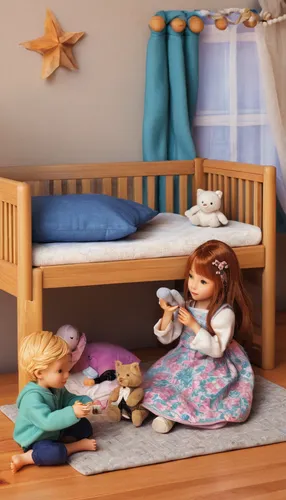 Create a heartwarming scene of a child playing with their dollfie in a cozy bedroom.,the little girl's room,children's bedroom,baby playing with toys,kids room,baby bed,baby room,children's room,infan