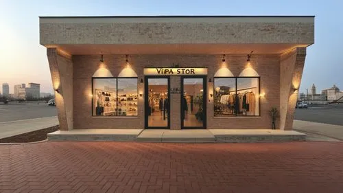 Create an exterior image at sunset with a vintage feel, featuring a bustling urban landscape. The scene should include a charming commercial area with a clothing store prominently displayed, styled wi