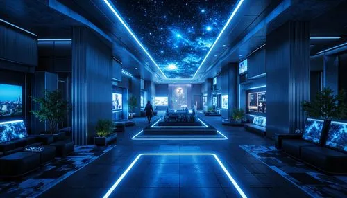 spaceship interior,hallway space,ufo interior,sky space concept,nightclub,blue room,spaceport,hallway,cyberscene,3d render,space port,space,spaceland,out space,3d background,cybercity,render,cyberia,nightscape,space station