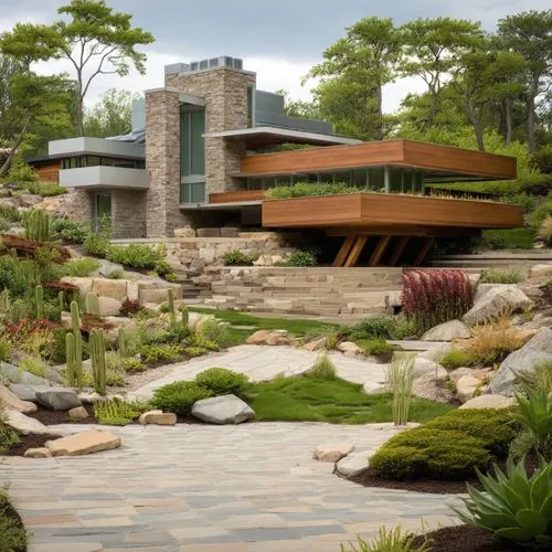 there is a house built around a rock garden and in between the plants,landscaped,landscape design sydney,landscape designers sydney,landscaping,japanese zen garden,garden design sydney,Photography,Gen