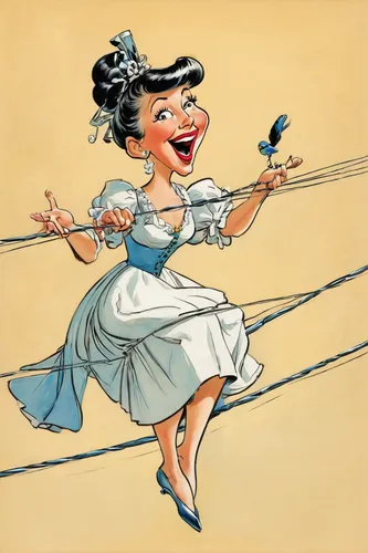 Phoebe perched on a wire, chirping a melodious tune that filled the air with joy and serenity.,tightrope walker,vintage illustration,rope skipping,mary poppins,baton twirling,tightrope,hoopskirt,twirl