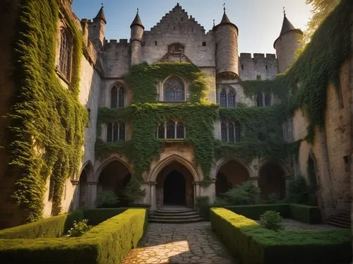 Old castle, medieval style, grandiose architecture, stone walls, ivy climbing, Gothic windows, towers, moat, drawbridge, worn-out wooden doors, iron hinges, rusty locks, luxurious interior, velvet cur