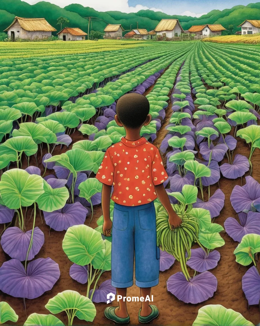 Write a heartwarming story set in a small village about a farmer who grows delicious taro roots that bring joy to the community.,vegetable field,sweet potato farming,field cultivation,yamada's rice fi