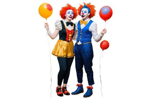 Colorful circus tent, multiple clown pages, standing in a row, vibrant orange wigs, red noses, white face paint, blue eyebrows, colorful costumes, oversized shoes, holding balloons, joyful expressions