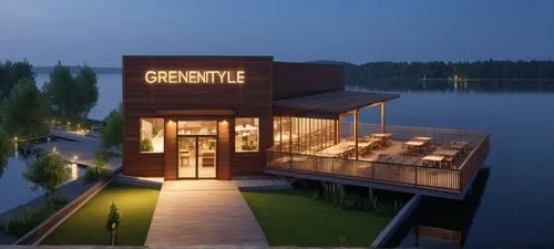 very realistic shot at mid night  , with waterfront and greenary , seating on lake context view in the morning timber material modern style restraunt with outdoors ,house with lake,house by the water,