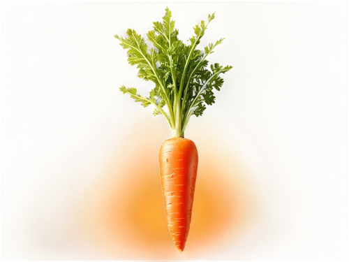 Orange carrot, vibrant green leafy top, slightly worn skin, rounded tip, fresh, crunchy, still life, slight sheen, soft indirect light, 3/4 composition, shallow depth of field, warm color tone, cinema