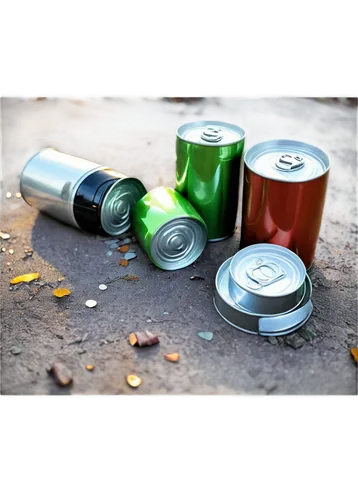 Cans, colorful, metal material, reflective surface, soda cans, crushed, dented, rusty, old, abandoned, urban scenery, morning light, shallow depth of field, 3/4 composition, warm color tone, cinematic