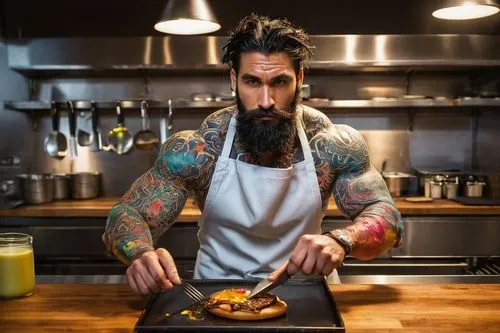 Muscular man, burger chef, kitchen helper, white apron, black beard, messy hair, sweat drops, strong arms, tattoos on sleeves, metal utensils, sizzling grill, juicy burgers, crispy buns, colorful topp