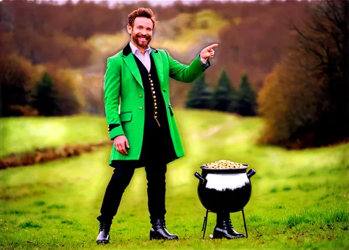 Short bearded leprechaun, solo, (40yo), bright green coat, golden buttons, white shirt, black trousers, shiny black boots, holding pot of gold, smiling, standing on one leg, Irish landscape background