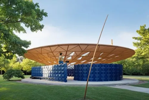 an outdoor kiosk with blue barrels next to trees,wine barrel,decordova,longaberger,cern,gazebos,quadriennale,Illustration,Children,Children 02