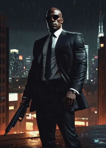 a black man on a suit,blade,black businessman,gangstar,enforcer,man holding gun and light,agent 13,boss,agent,kingpin,bodyguard,big hero,mercenary,spy,luther,bouncer,suit actor,black professional,the game,ceo,Illustration,Japanese style,Japanese Style 08