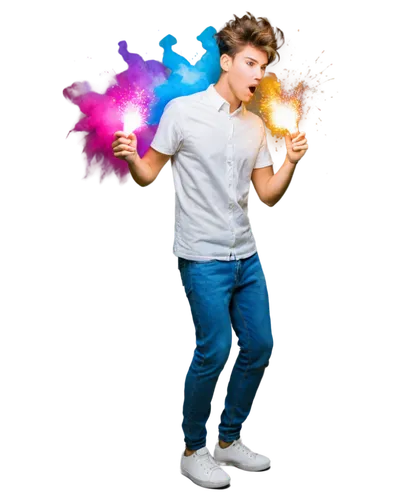 Lightbulb moment, idea bursting, sparks flying, SFX explosion, colorful smoke, dynamic pose, youthful male, messy hair, casual wear, white shirt, jeans, sneakers, energetic facial expression, dramatic