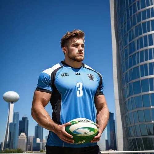 Muscular man, rugby player, strong facial features, sweaty hair, intense gaze, sporty jersey, tight shorts, athletic shoes, holding rugby ball, standing in front of modern architectural building, glas