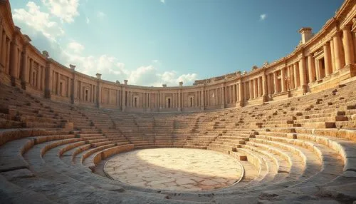 Ancient Roman amphitheater, grand stone structure, tiered seating, ornate carvings, warm beige sandstone walls, rustic texture, natural material, curved arches, majestic columns, subtle erosion, weath