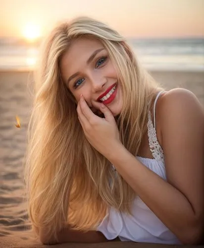 a portrait of a young caucasian girl 23 years old, blonde hair, brown eyes, red lips, whit a arm on the chair and other touching the face smiling, wearing a colorful bikini sitting in a plastic chair 