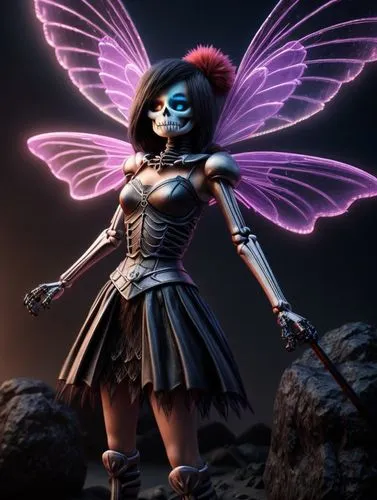 Skeleton painted face pretty girl fairy monster fancy hd detail, hd 3d, hd graphics, hd quality  comic static storm, fancy. Neon light,evil fairy,rosa 'the fairy,rosa ' the fairy,child fairy,little gi