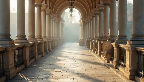 colonnades,borromini,colonnade,bernini's colonnade,mirogoj,cloister,certosa di pavia,sanssouci,arcaded,lateran,pillars,porticos,columns,walkway,loggia,portico,corridor,enfilade,cloistered,versailles,Photography,General,Realistic