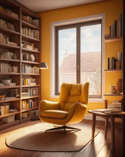 vitra,livingroom,ekornes,ochre,sitting room,reading room,living room,modern room,home interior,bookcase,minotti,yellow wall,3d rendering,bookshelves,new concept arms chair,bookcases,3d render,yellow wallpaper,yellow orange,mid century modern,Illustration,Realistic Fantasy,Realistic Fantasy 28