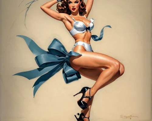 J. Scott Campbell style realistic drawing of a woman in platform heels bullet bra bow in her hair 


,a painting of a beautiful woman in lingerie posing,retro pin up girl,pin-up girl,pin up girl,retro