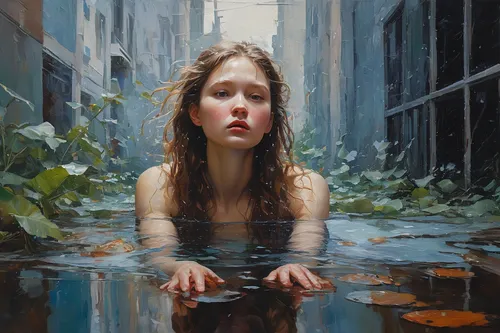 water nymph,submerged,girl on the river,puddle,in water,the girl in the bathtub,flooded,oil painting on canvas,oil painting,wet girl,rainwater,immersed,mystical portrait of a girl,woman at the well,wet smartphone,the blonde in the river,pool of water,rain water,in the rain,girl washes the car,Conceptual Art,Oil color,Oil Color 05