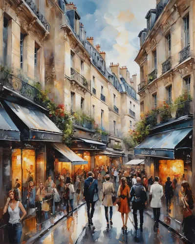 a Paris street with many french people， by Dimitra Milan,watercolor paris,watercolor paris shops,watercolor paris balcony,paris shops,paris cafe,watercolor shops,parisian coffee,watercolor cafe,paris,