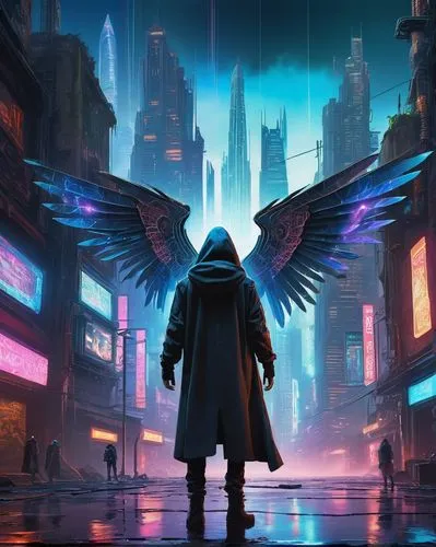 archangel,cyberpunk,business angel,cg artwork,guardian angel,the archangel,sci fiction illustration,dystopian,city pigeon,would a background,magneto-optical disk,angel of death,fallen angel,gatekeeper (butterfly),sentinel,metropolis,owl background,fantasy city,prophet,dystopia,Conceptual Art,Oil color,Oil Color 09