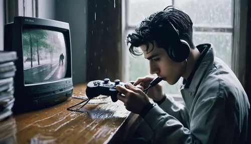 Write a nostalgic scene featuring a gaming enthusiast playing the PSone on a rainy day.,listening to music,retro music,gamer,game addiction,headphone,vintage boy,music,gaming,50's style,music player,r