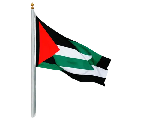 Palestinian flag, waving, fluttering, gentle breeze, bright sunlight, soft focus, shallow depth of field, vibrant colors, detailed fabric texture, horizontal composition, warm lighting, Middle Eastern