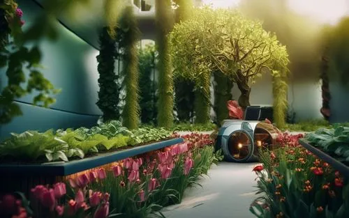 interior garden, futuristic gardening pod,there is an unusual plant with flowers inside the building,tunnel of plants,biopiracy,plant tunnel,ecotopia,climbing garden,biophilia,Photography,General,Cine