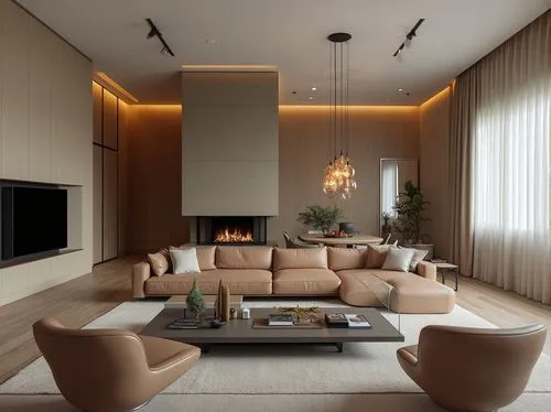 Contemporary Open-Plan Living Room with Textured Walls and Sleek Furniture
A contemporary open-plan living room with textured feature walls, smooth leather furniture, and a neutral palette. The design