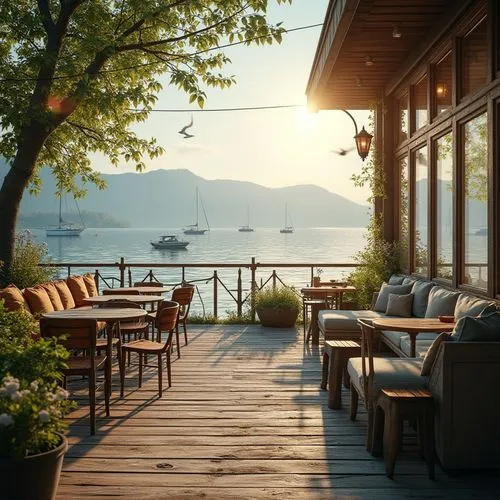 wooden decking,house by the water,lefay,deckhouse,summer cottage,dockside,houseboat,sundeck,wood deck,summer house,decking,terrasse,front porch,porch swing,waterfront,boat dock,terrace,holiday villa,shorefront,seaside view,Photography,General,Realistic