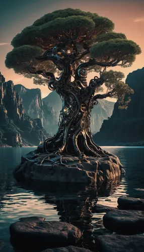 dragon tree,tree of life,canarian dragon tree,the japanese tree,isolated tree,tree mushroom,celtic tree,magic tree,bonsai,mushroom island,lone tree,mushroom landscape,a tree,bonsai tree,flourishing tree,old tree,strange tree,fantasy landscape,the roots of trees,tree,Conceptual Art,Sci-Fi,Sci-Fi 09