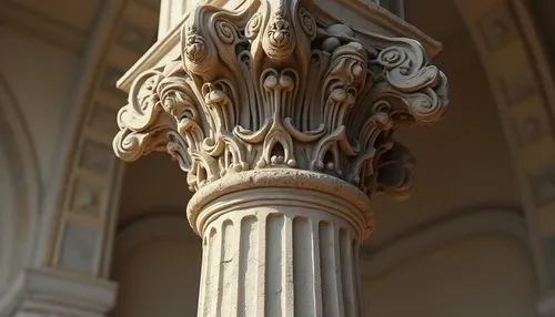 Ornate column, Corinthian capital, fluted shaft, carved acanthus leaves, intricate stone carvings, Tuscan base, rusticated socle, ornamental moldings, grandiose proportions, classical Renaissance styl