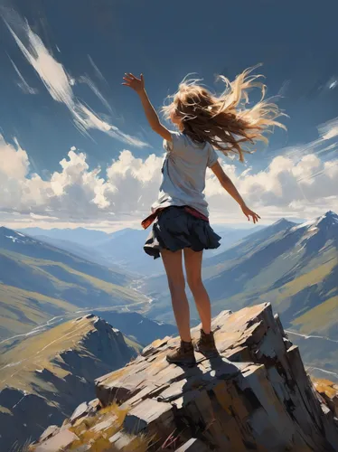 little girl in wind,the spirit of the mountains,mountain spirit,alpine crossing,windy,world digital painting,flying girl,mountain top,wind,wind wave,high alps,winds,mountain,digital painting,mountain scene,mountain hiking,mountain world,leap for joy,trolltunga,mountaineer,Conceptual Art,Fantasy,Fantasy 10