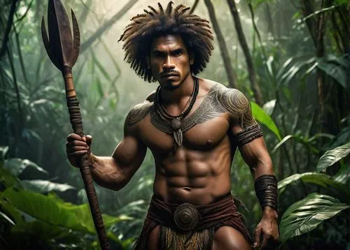 Primitive tribe warrior, muscular male, 30s, Afro hairstyle, fierce expression, tribal tattoos on chest and arms, loincloth made of animal skin, holding a large spear, standing in front of a dense jun