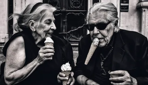 An older couple enjoying ice cream,old couple,pipe smoking,pensioners,grandparents,vintage man and woman,meerschaum pipe,smoking pipe,blues harp,smoking cigar,elderly people,smoking cessation,ice crea