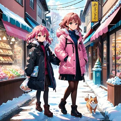 a girl with pink hairs and a black big puffy coat she walk in a snowy street, meanwhile she carries in her hands a new coat she bought in a shop in a plastic bag. And she grab the hand of his daughter