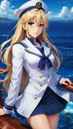 A beautiful sailor with long blonde hair down, in costume was relaxing on a ship on the high seas. She wears a sailor uniform, consisting of a medium blue skirt, navy blue shirt and white sailor's ove