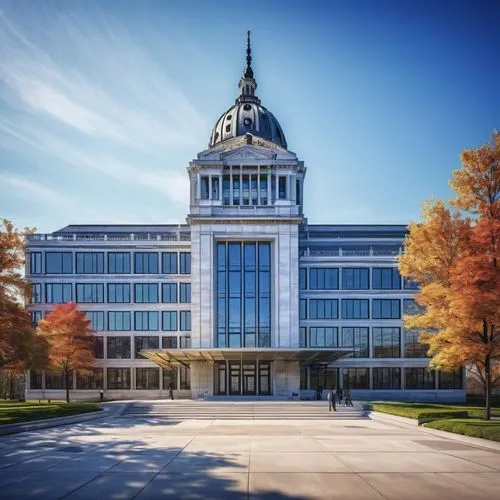 Modern architecture, sleek design, glass windows, steel frames, Indiana State Capitol building, Indianapolis cityscape, daytime, clear blue sky, few white clouds, warm sunlight, detailed textures, rea